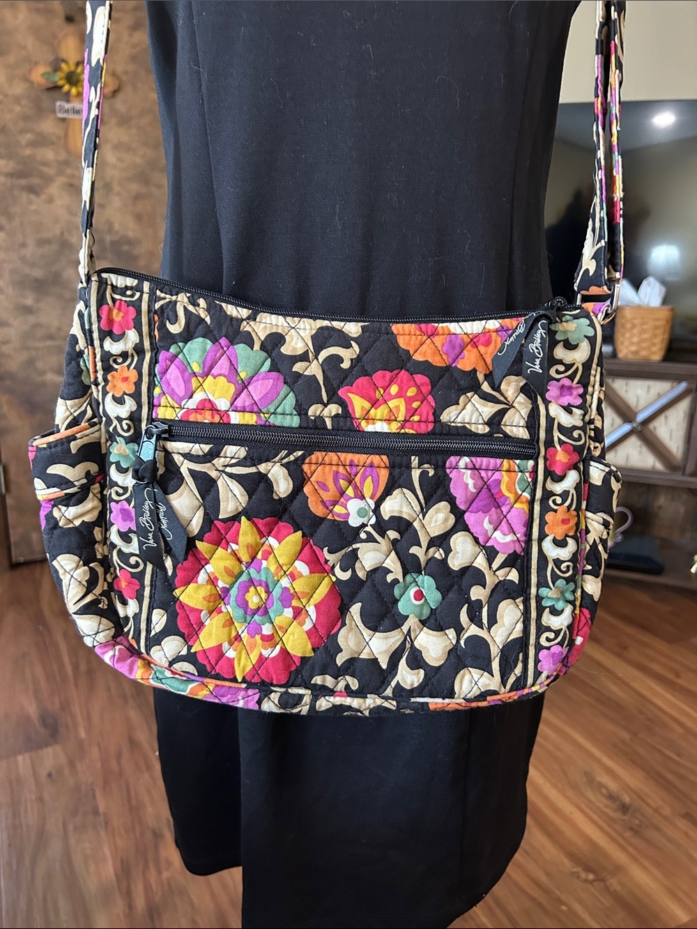 Vera Bradley Black Quilted Floral Crossbody with Multicolor Blooms